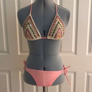 Victoria’s Secret Beaded Sequin Triangle Top Pink String Bikini Swimsuit M